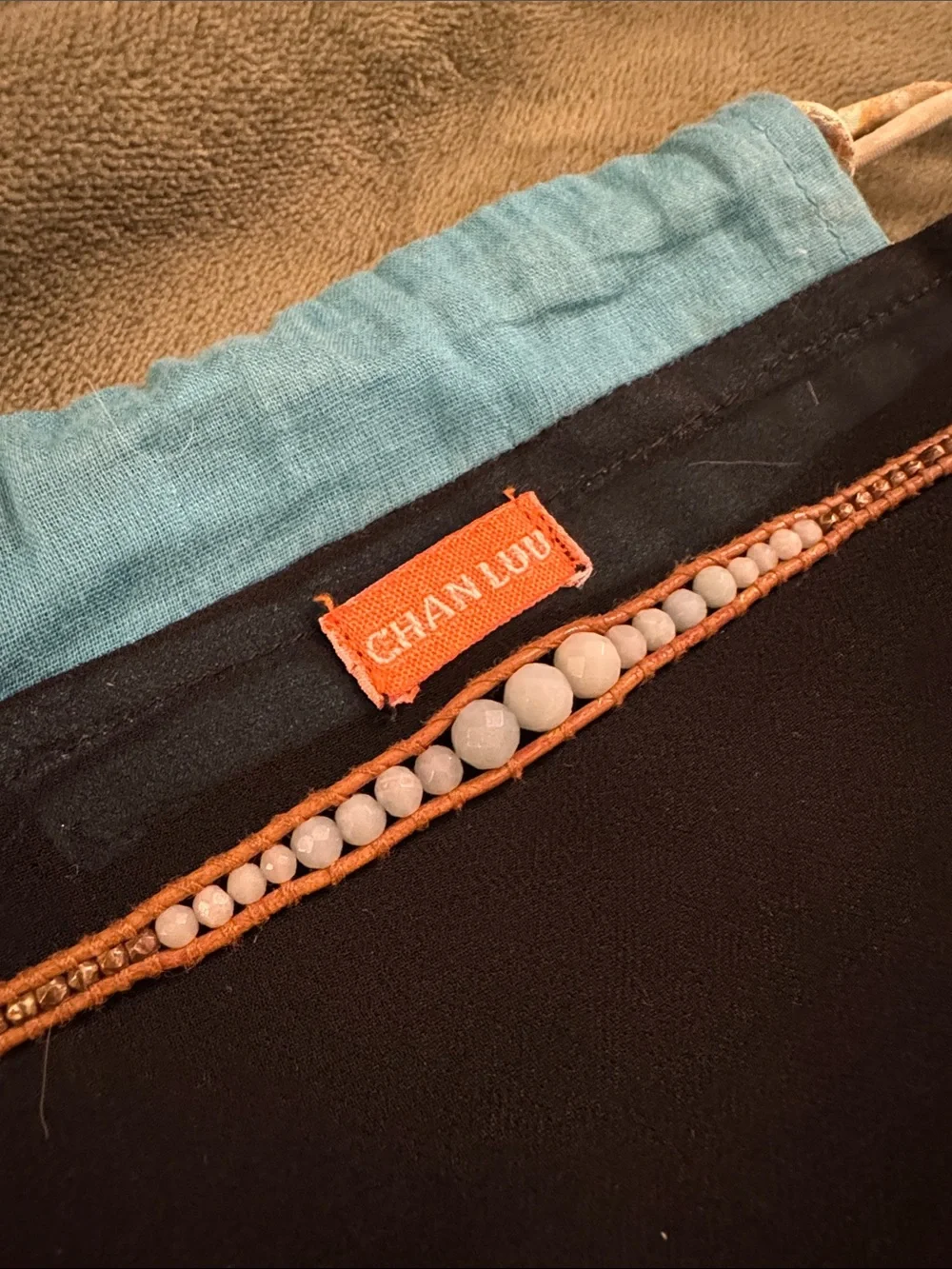 Chan Luu light blue Beaded Tan Leather Wrap Bracelet